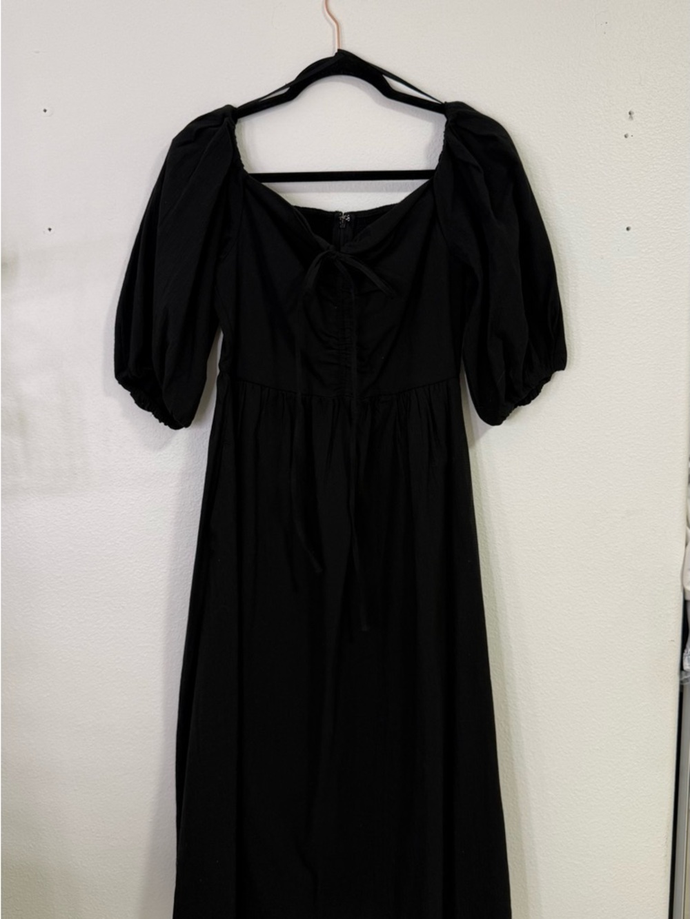 Black Puff-Sleeve Midi Dress with Tie Front